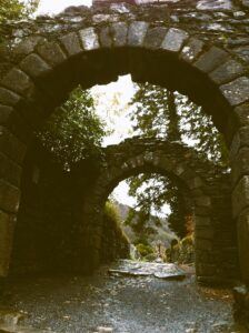 Stone arches in castle ruins, overgrown with vines.