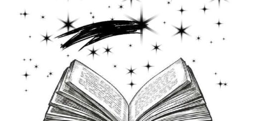 Open book with stars above, black and white, pen and ink style