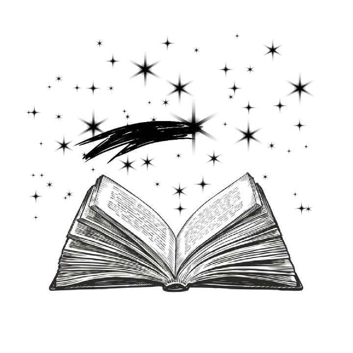 Open book with stars above, black and white, pen and ink style