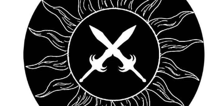 Symbol crossed swords within a sun, black and white, pen and ink style