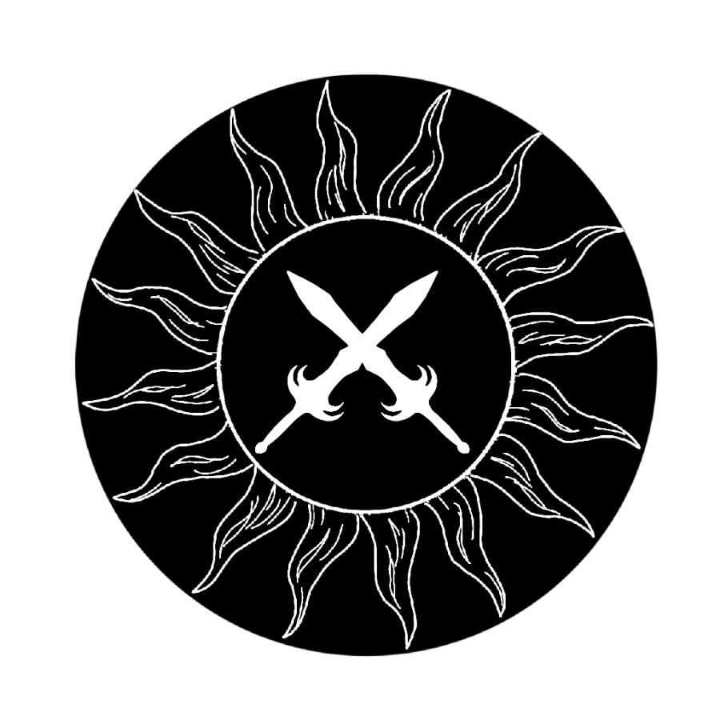 Symbol crossed swords within a sun, black and white, pen and ink style