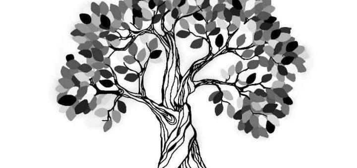 Tree with leaves, black and white, pen and ink style