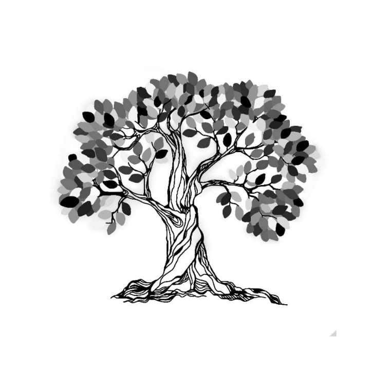 Tree with leaves, black and white, pen and ink style